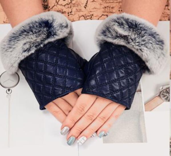 

fashion- fur genuine leather luxury original fashion brand gloves plush rabbit soft warm sheepskin half finger touch screen gloves, Blue;gray