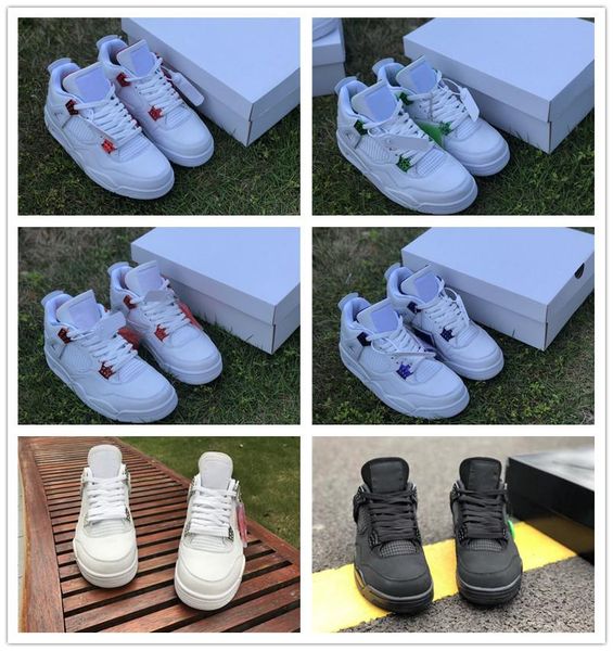 

mens 4 metallic pack white basketball shoes purple green red orange metallic 4s black cat pure white mens designer sports sneakers tra, White;red