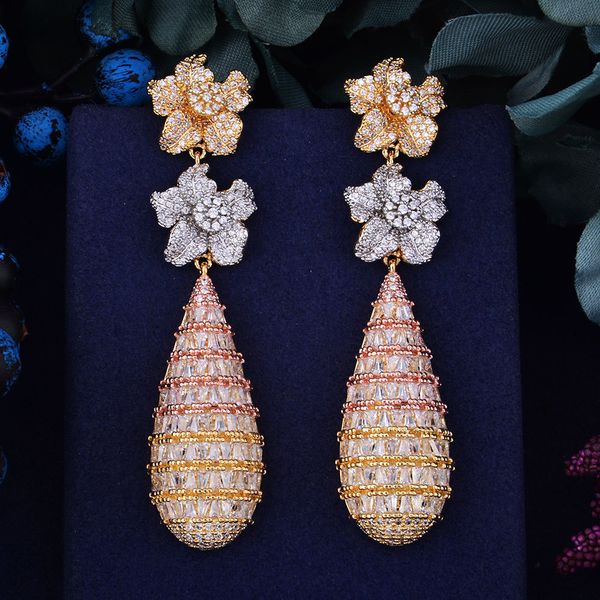 

godki 78mm luxury trendy flower full mirco paved cubic zirconia naija wedding drop earring fashion jewelry, Silver
