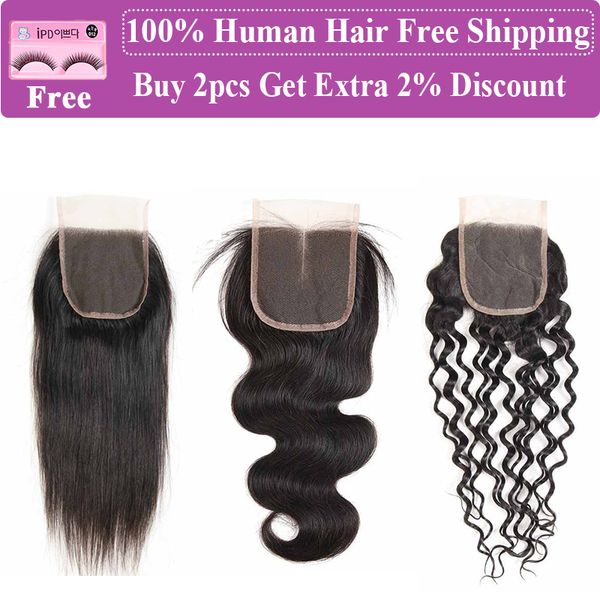 

8а волос соткать с 4x4closure бразильская straight тела deep water wave human hair extension virgin уток с top lace closure сыпучие deep, Black