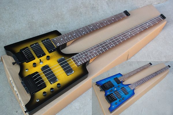 Werksspezifische doppelhalsige gelbblaue E-Gitarre mit 6+4-Saiten-Bass, kopflos, schwarzer Hardware, Flammenahornfurnier, Angebot maßgeschneidert