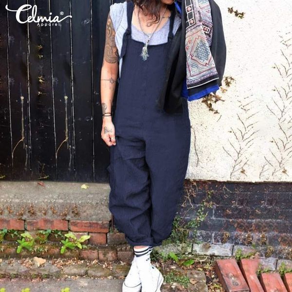 

celmia 2019 fashion linen rompers women sleeveless straps solid jumpsuits plus size elegant harem pants long playsuits 5xl, Black;white