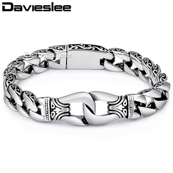 

davieslee mens bracelet chain 316l stainless steel punk bracelets for men curved silver color curb chains cuban link 15mm lhb10, Golden;silver