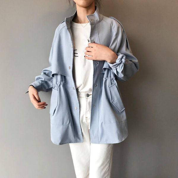 

high end woman windbreaker loose long blue trench coat girls long sleeve casual streetwear button ladies clothing vintage, Tan;black
