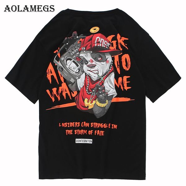 

aolamegs men t shirt cartoon panda printed men's tee shirts o-neck t shirt fashion high street hip hop tees streetwear summer, White;black