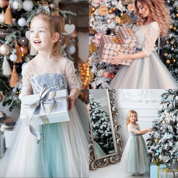 

modest lovebabyj a line flower girl dress jewel neck short sleeve wedding party tulle lace applique ankle length princess girl dress, White;blue