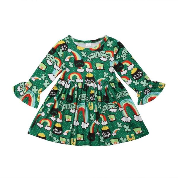 

christmas cute infant kids baby girls dress ruffles flare sleeve four-leaf clover print knee-length a-line dress 1-6y, Red;yellow