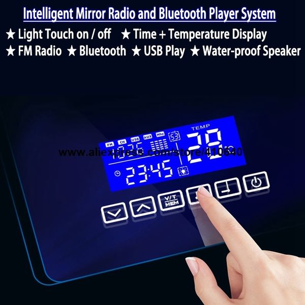

bathroom mirror surface time temperature date display music system with radio and bluetooth play usb port touch sensor switch
