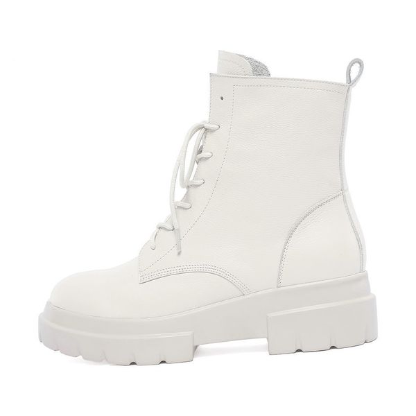 

qutaa 2020 platform ladies mid calf boots lace up concise genuine leather round toe fashion square heel women shoes size 34-42 mx200324, Black