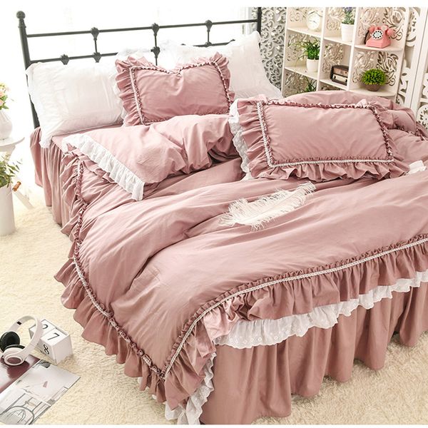

korean 100%cotton solid color bedding set twin full  king size princess ruffles lace embroidery bed skirt free shipping yyx
