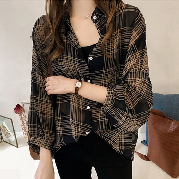 

biboyamall 2019 autumn chic plaid shirts women batwing sleeve chiffon blouses casual chemise femme plus size blusas mujer, White