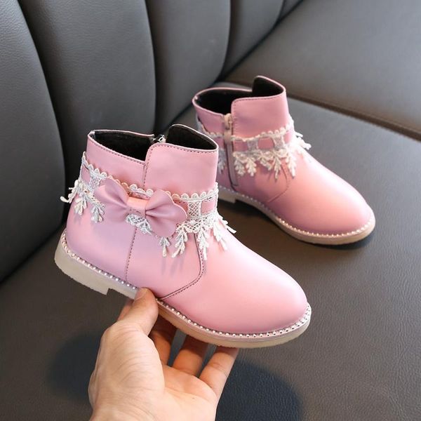 

children lace bowknot princess shoes ankle boots kids shoes boys girls short boots casual boys plush fashion bootie, Black;grey
