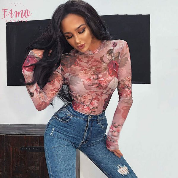 

new women transparent mesh long sleeve see though tee t shirts femme evening party club t shirt floral print t, White
