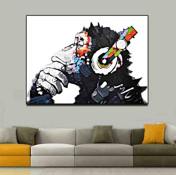 

canvas printed painting animals funny monkey picture home decor abstract thinking monkey with headphone wall art large poster