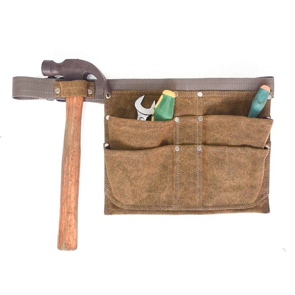 

heavy duty waxed canvas waist tool work apron with tool pockets, - adjustable back straps