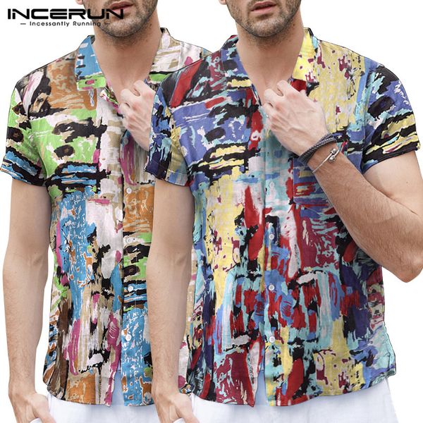 

incerun graffiti print men short sleeve lapel casual shirt fashion vacation beach hawaiian social joker button mens blouse, White;black