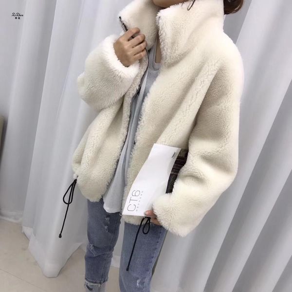 

zizhen woman fashion simplicity style lamb fur suede short outerwear oversize solid jacket mandarin collar 190613-2 wenzhen611-2, Black;brown