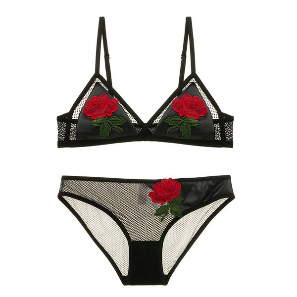 

wriufred embroidery rose underwear women bra sets flower lace bralette wire transparent ultrathin plus size lingerie set, Red;black