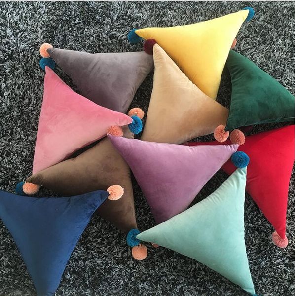 

velvet cushion ins solid triangle rectangle pillow flush pompon ball cushion sofa car chair home decorative throw pillows yz232