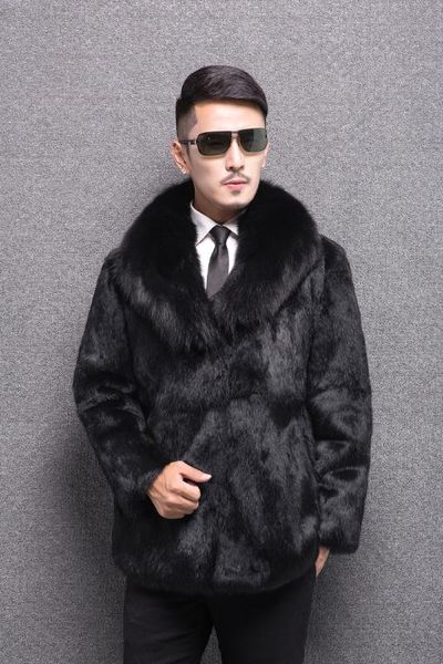 

real genunie natural fur coat with big fur collar men fashion jacket warm winter custom any size, Black