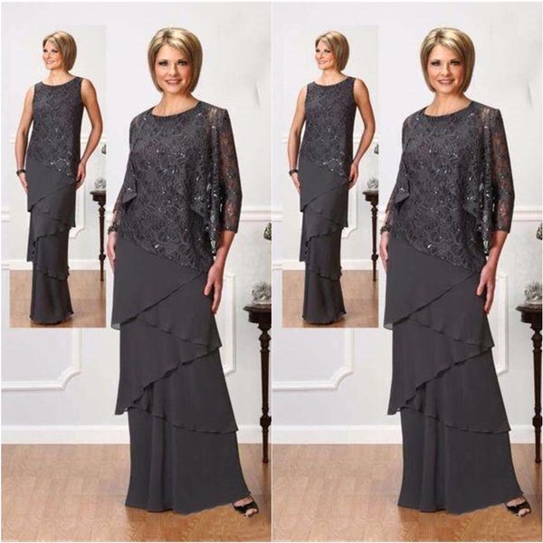 

dark grey elegant mother of the bride suits sparkly sequins sheath chiffon tiered skirts with jacket for weddings mothers dresses, Black;red
