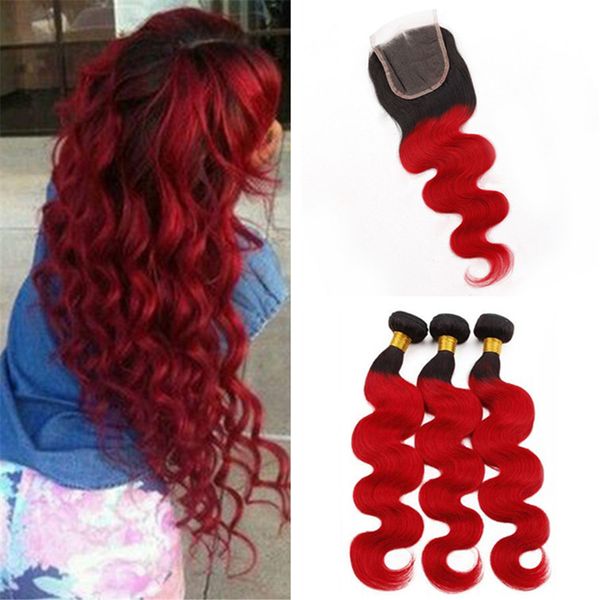 2020 Brazilian Red Ombre Hair Bundles With Lace Closure Body Wave