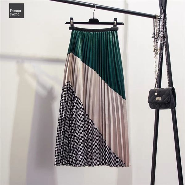 

2019 весна coming плиссированные юбки europen color matching плед high полосатый street style mid теленок empire женщины юбки, Black