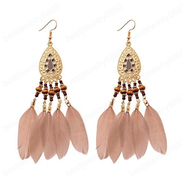 

vintage boho feather earrings water drop metal earrings beads hanging earrings indian jewelry pendant tassel earring, Golden