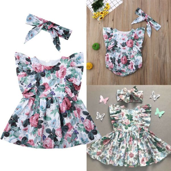

Pudcoco 2Pcs Sweet Summer Kids Baby Girls Cotton Floral Print Flare Sleeve Dress Outfits Bow Headband Set