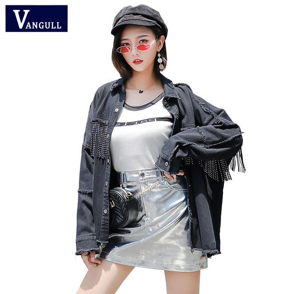 

vangull мода изношенные burr кисточкой дизайн джинсы куртка женщин весна 2019 новый streetwear сыпучие casual джинсовая куртка черного пальт, Black;brown