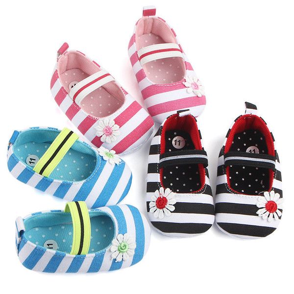

newborn to 18m infants baby girls soft crib shoes cotton striped flower prewalker sole shoes first walkers