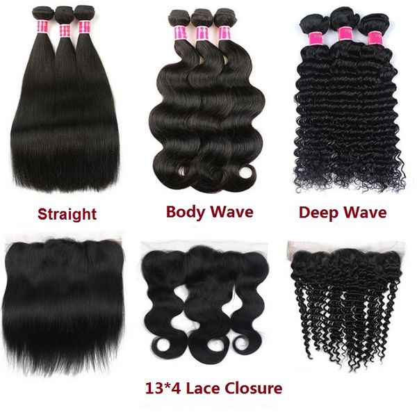 

human hair bundles with closures 13*4 lace 100% brazilian virgin hair weaves double weft hair extensions straight body wave deep wave curly, Black
