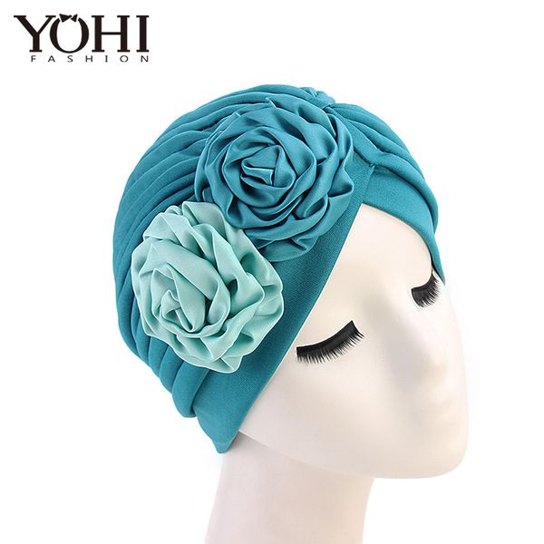 

new fashion vintage double flower turban style hat ladies chemo cap muslim turban headbands women hair accessories