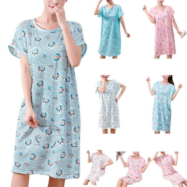 

women girls summer short batwing sleeve sleepshirt cartoon flamingo pineapple stripes printed milk fiber nightdress oversized, Black;red