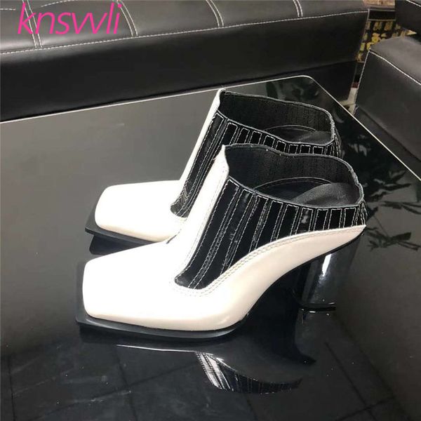 

metal chunky heels slippers woman squaer toe shoes ladies mixed color mules high heels slingbacks summer shoes woman, Black