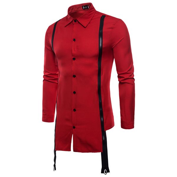 

casual shirt men solid color cotton 2 zipper decorative shirt men hip-hop street style fashion long sleeve, White;black