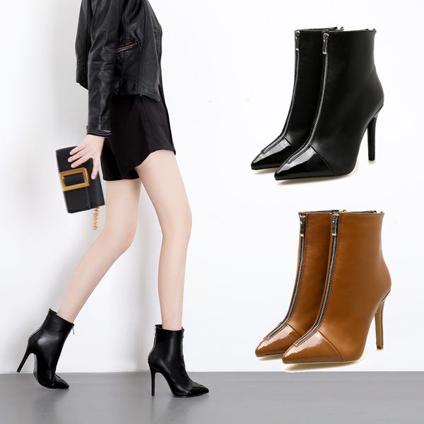 

2019 fashion women 10cm high heels ankle leather brown boots fetish heels winter scarpins short boots stiletto zipper shoes, Black