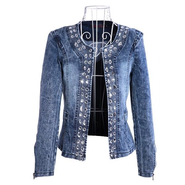 

antumn women's elegant office denim jackets casual beading slim coat full female o neck denim jeans jacket work wear, Black;brown