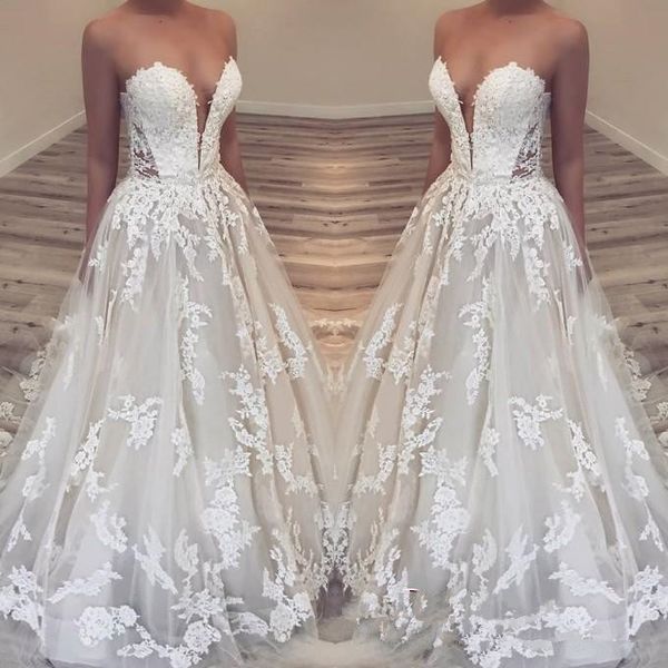 

sweetheart a-line wedding dresses 2019 vintage full lace applique lace-up corset garden full length bridal temple wedding gown, White