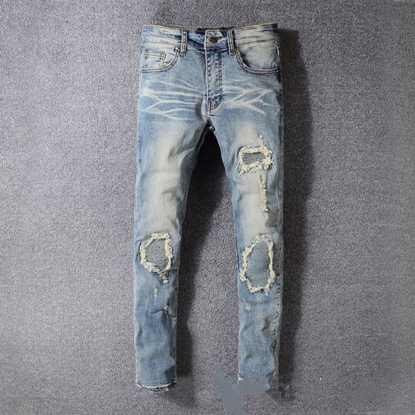 

mens 2019 luxury designer clothes jeans ripped skinny slim elastic denim fit biker jeans fashion zipper ripped mens ripped skinny jeans, Blue