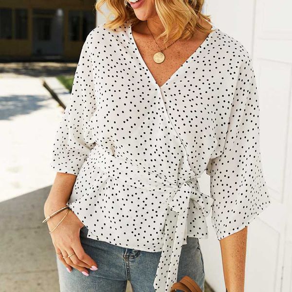

women's blouses & shirts summer elegant shirt fashion retro v-neck floral print polka dot with belt womens and 2021, White