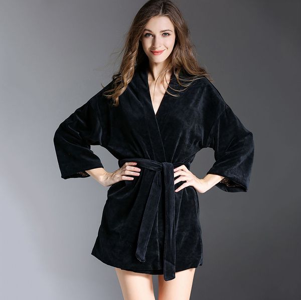

spring autumn gold velvet bathrobe mid robe femme dressing gowns for women home bathrobes, Black;red