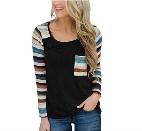 

женская футболка с длинным рукавом 2019 года новая женская полосатая повседневная футболка спортивная одежда женская мода свободная уличная, White