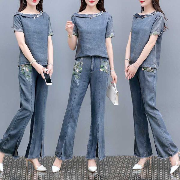 

blue denim suit 2020 summer fashion printed new denim suit fashion slim trumpet pants two-piece western-style aging pants, White