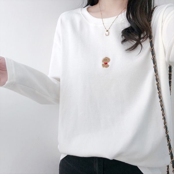 

season 2020 underpants t- underpants embroidery round collar simple white long sleeve t-shirt women's casual loose base shirt