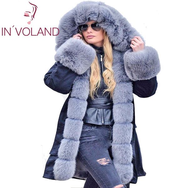 

in'voland женщины плюс размер 4xl зимние пальто теплый камуфляж меховой воротник с длинным рукавом лоскутная длинные женщины тренчкот outwea, Black