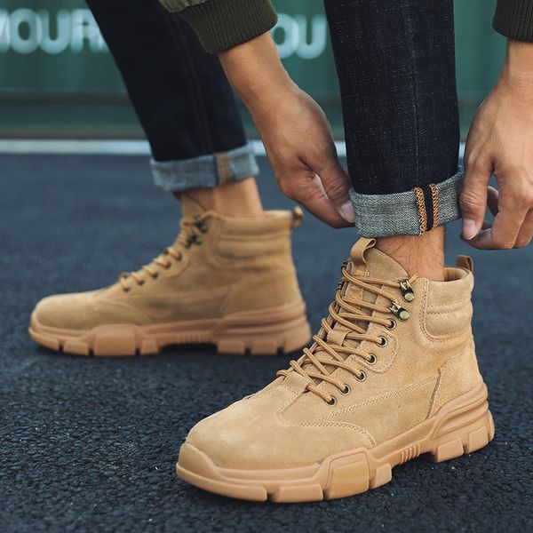 

autumn new tooling boots men's high british boots male leather fashion platform work shoes outdoor man footwear, Black