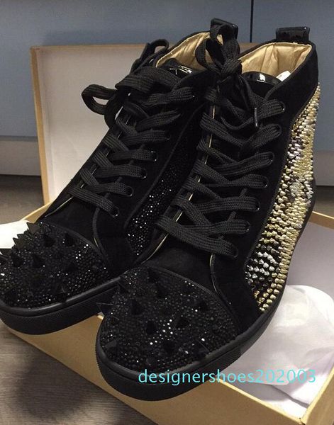 

new 2019 luxurious sneakers red bottom shoe low cut orlato spike shoes for men and women shoes party wedding crystal leather sneaker s7 d03, Black