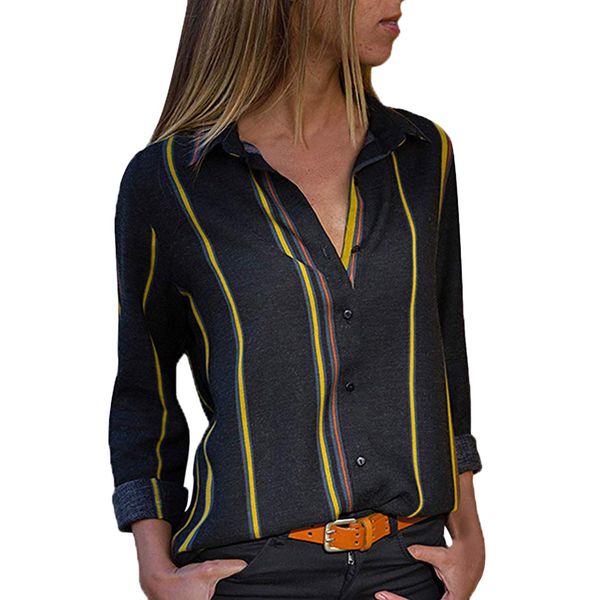 

women casual cuffed long sleeve v-neck button up striped shirt made of materials 2019 new arrival #20, White