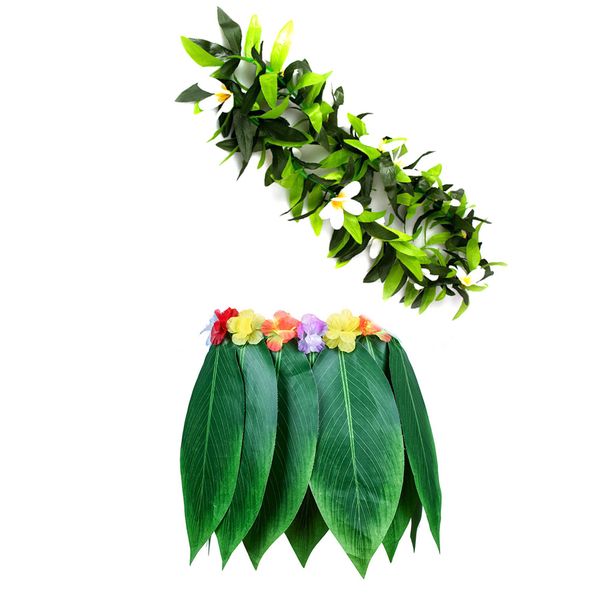 

2pcs hawaii costume beach clothes tropical grass skirt dance skirt leaves with garland for luau party traval